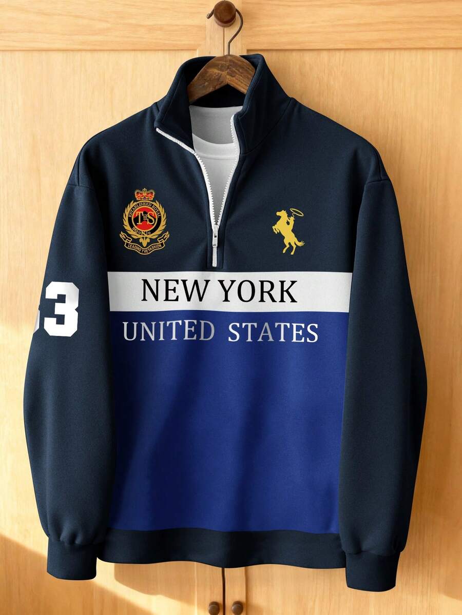 Aesthetic Post 复古美式风格，蓝黑撞色，Polo字母和徽章，马匹标志印花男士秋冬通勤半拉链套头衫 - 彩色 - 查看 1