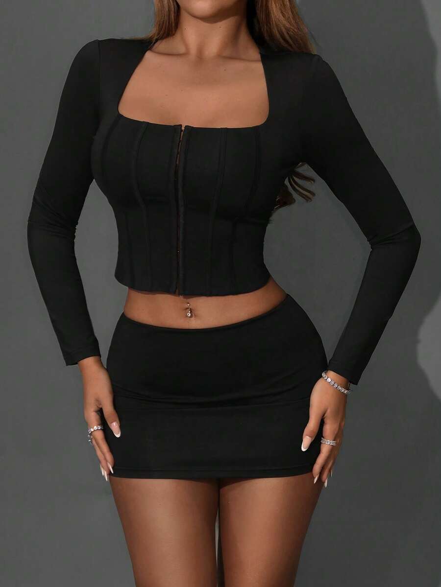 SHEIN ICON 2pcs/Set Women Fitted Faux Fishbone Waist Cinching Square Neck Long Sleeve Button-Up T-Shirt And Bodycon Skirt - Black - View 1