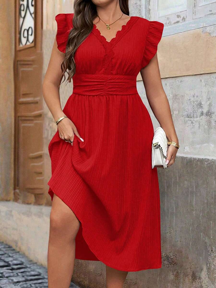 SHEIN Clasi Vestido midi casual rojo de talla grande para mujer con cuello en V, volantes, mangas de campana y diseño de línea A con bajo acampanado - Rojo - Ver 1