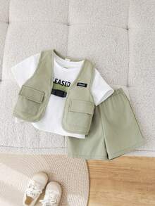 SHEIN 男婴可爱夏季街头休闲绿色背心外套三件套，白色字母图案T恤，短裤三件套 - 彩色 - 查看 6