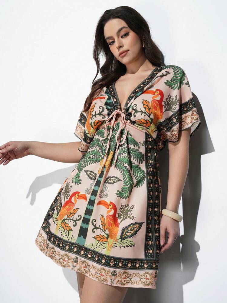 SHEIN Maija Plus Size Tropical Print Casual Vacation Dress Plus Size Resort Wear Plus Size Beach Dress Plus Size Cover Up Women Plus Clothing Summer Resort Wear Curve  St Patrick's Day Women Easter Summer Outfits Easter Dress Women Party Top Beach Dress Summer Holiday Outfits Each Vacation Outfits For Women  Summer Outfit For Women Going Out Outfits Graduation Graduation Outfit  Casual Dresses  Casual Blouses For Women