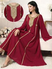 SHEIN 优雅端庄的绿色长袍，修身休闲阿巴雅式连衣裙，适合青少年女孩，民族风中东设计 - 酒紅色 - 查看 8