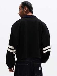 SUMWON Crop Fit Denver Varsity Style Long Sleeve Polo Shirt With Front Logo Chest Print Collared Casual Streetwear Top - Black - View 2