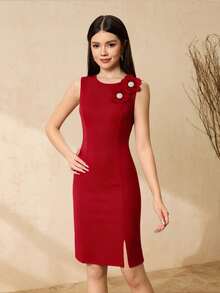 优雅简约时尚圆领无袖收腰短款开衩设计纯色3D立体花卉修身连衣裙，少女红色圣诞派对连衣裙 - 紅色 - 查看 1