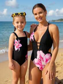 女童连体泳衣，大碎花印花，适合游泳和度假，夏季 - 黑色 - 查看 7