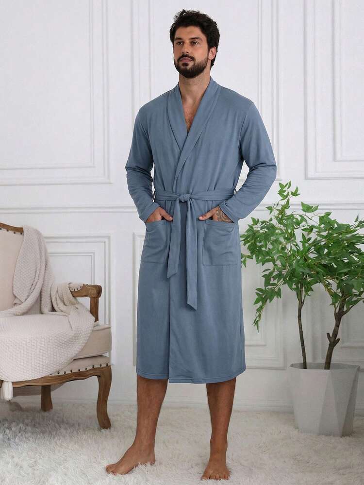 Men's Solid Color Long Robe, Spring/Summer