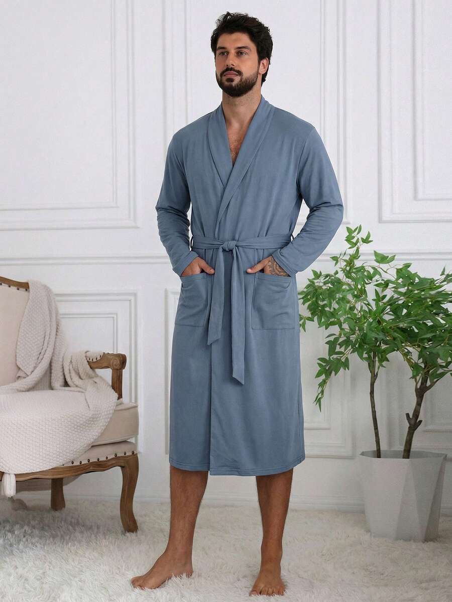 DAZY Men's Solid Color Long Robe, Spring/Summer - Blue - View 1