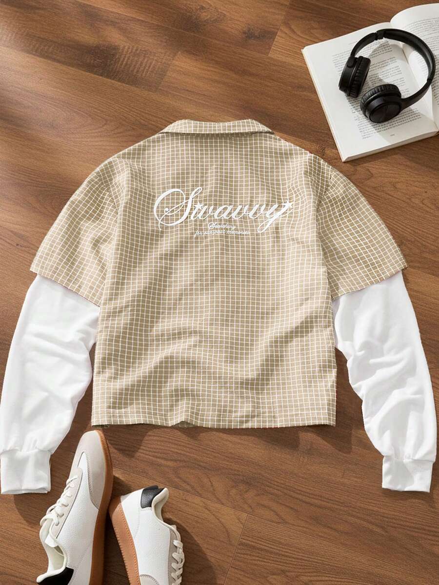 SWAVVY 男士格子印花刺绣二合一衬衫 - 杏色 - 查看 1