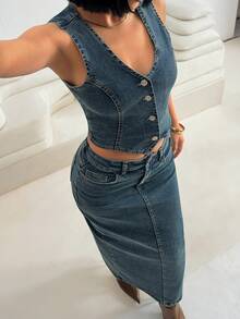 SHEIN Woman Denim Two Pieces Vest And Skirt Set Comfort Stretch Fabric - Medium Wash - View 4