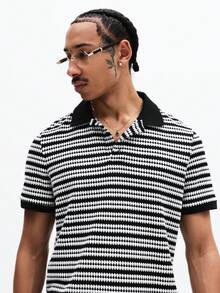 SUMWON Checkerboard Stripe Short Sleeve Polo Shirt With Classic Collar And Button Placket For Casual Summer Spring Everyday Wear - Black and White - View 4
