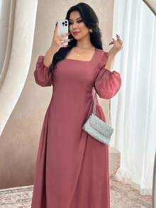 Modelyn 大码女士优雅法式浪漫方领收腰长袖连衣裙 - 粉色 - 查看 5