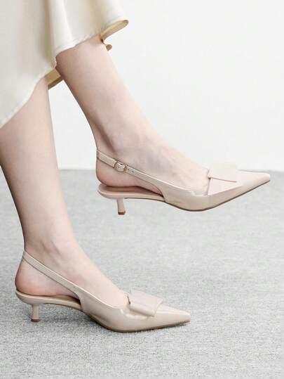 CUCCOO BIZCHIC Tacones de aguja de mujer con puntera puntiaguda, de color nude, de piel patentada con decoración de origami, de estilo minimalista y de moda para ir al trabajo, con correa de tobillo y talón abierto