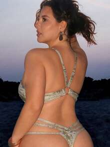 Slaysola Plus Size Women Sequin Deep V-Neck Backless Tie Strap One-Piece Swimsuit, Fashionable High-End Beach & Pool Wear For Summer Beach Vacation - Gold - View 2