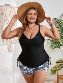 SHEIN CURVE+ 大码女式两件套坦克背心泳衣套装，印花短裤和背心款式 - 黑色 - 查看 6