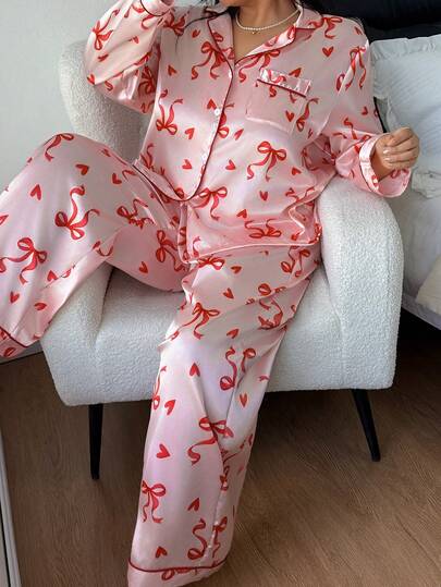 Dream Adore Plus Size Women Heart & Bow Print Flannel Long Sleeve Pajama Set, Romantic & Cute Valentine's Day Pajama Set Bow Pajamas