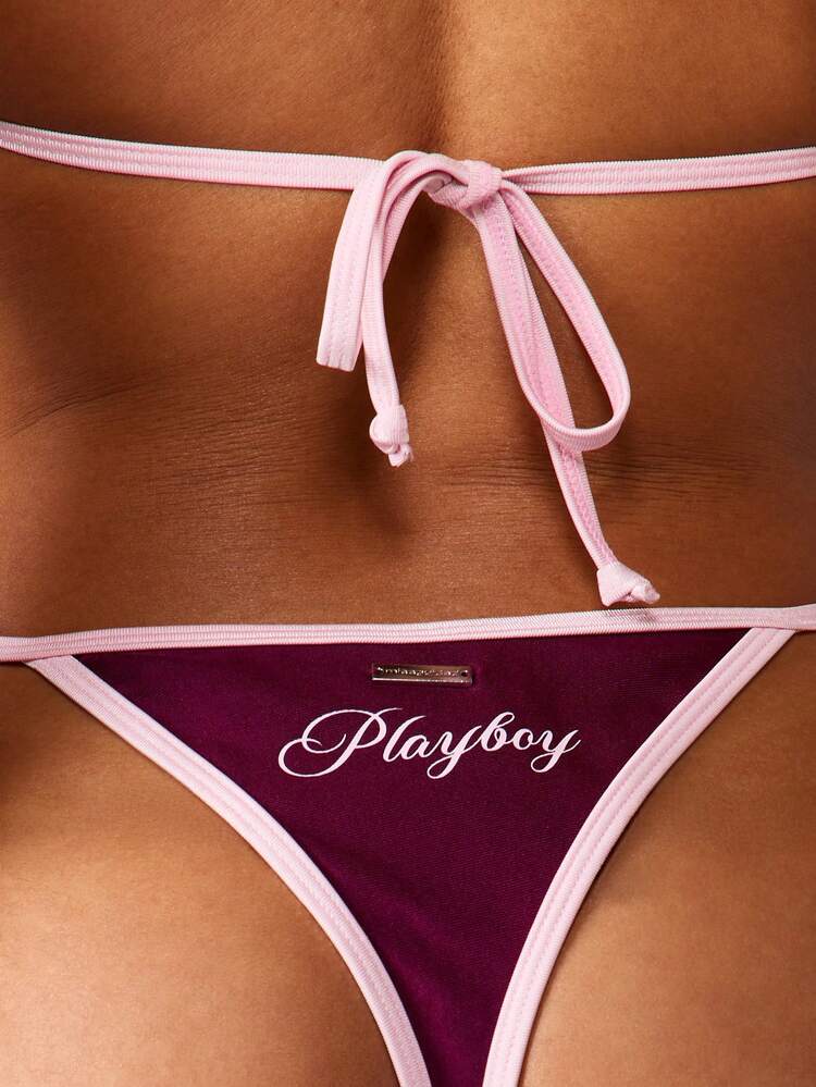 Missguided x Playboy Halter Triangle Bikini Set With Contrast Trim And Tie Details Summer Beachwear Two Piece Swimsuit