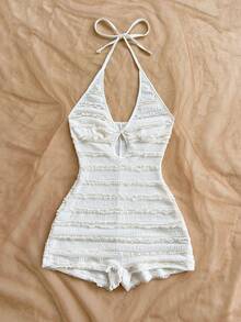 Soleia White Summer Boho Beach Vacation Holiday Holiday Multicolor Knitted Striped Halter Backless Mini Jumpsuit For Halloween,New Year,Carnival,Party,Date - Apricot - View 5