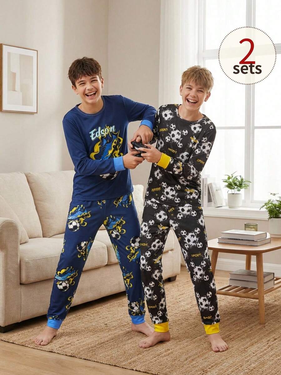 Spring/Autumn Football Element Pajama Set For Teen Boys Flame Football, Trophy Football Allover Print Snug Fit Sleepwear Set For Teen Boys, Comfortable Long Sleeve And Long Pants Casual Homewear 2 Pieces Set - Multicolor - View 1