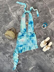 INAWLY Women's Tie-Dye Print Ruffle Hem Halter Neck Sleeveless Dress - Baby Blue - View 1