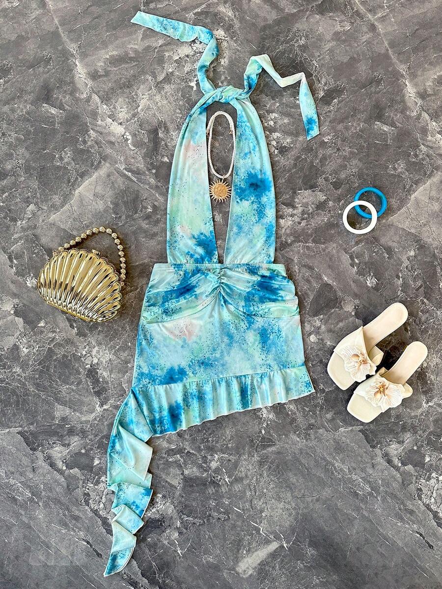 INAWLY Women's Tie-Dye Print Ruffle Hem Halter Neck Sleeveless Dress - Baby Blue - View 1
