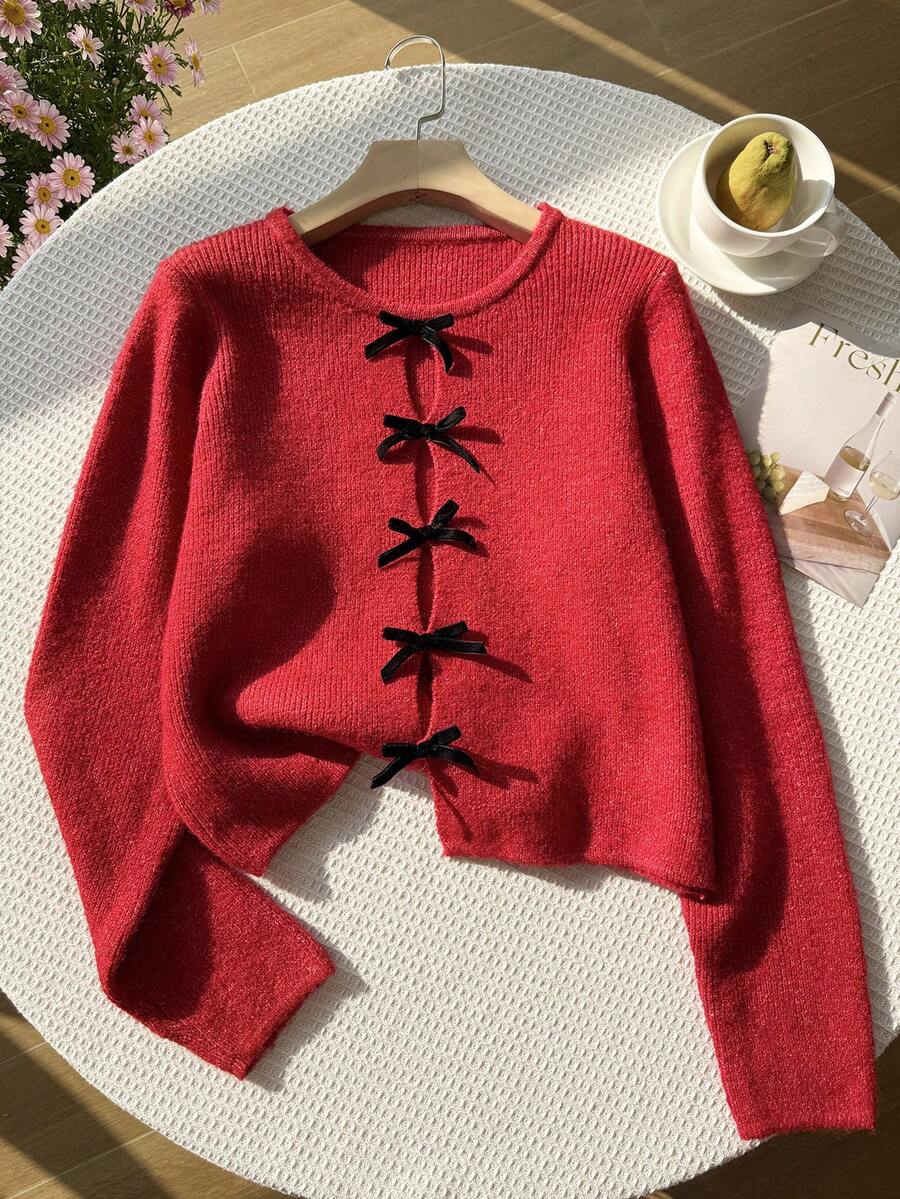 SHEIN EZwear Plus Size Women Butterfly Decor Hollow Design Long Sleeve Fashionable Pullover Sweater In Fall/Winter - Red - View 1