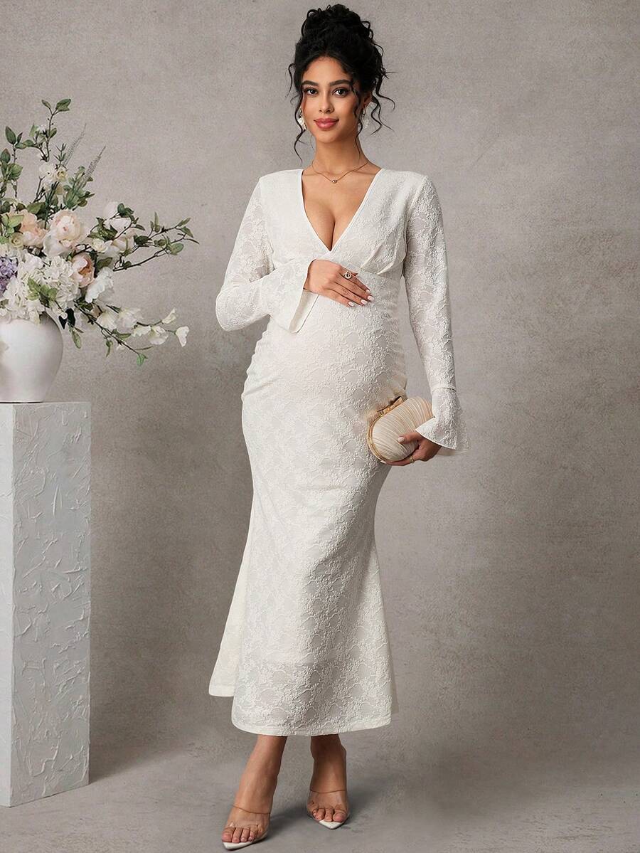 Momance Printed Lace V-Neck Long Ruffle Sleeve Maternity Dress - White - View 1