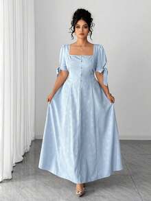 Elenzga 大码女式浅蓝色提花面料蝴蝶结袖口珍珠纽扣装饰A字中长连衣裙，收腰设计，修身显瘦，适合毕业典礼、节日、情人节、音乐节、母亲节、万圣节、感恩节、复活节、国庆节、舞会、约会、派对、婚礼季、户外活动等场合。 - 淺藍色 - 查看 5