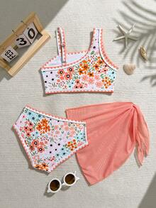 Sparklyn Young Girl Ditsy Floral Beach Cover-Up Swimsuit Set - Orange - View 2