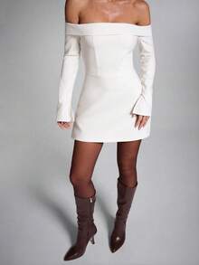 SHEIN BAE Elegant Commuter Solid Color Off Shoulder Mini Dress - White - View 3