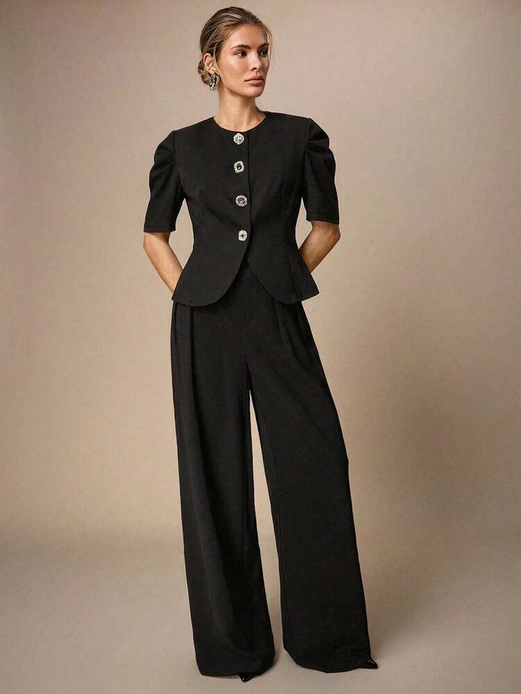 SHEIN Maija Women's Summer Commuter Front Button Puff Sleeve Thin Blazer, Summer Top, Spring Break , Valentine's Day , Beach , Birthday Top, Elegant , Casual Blouses For Women Y2k Top, Black Top