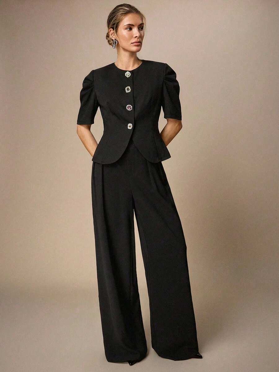 Maija 女士夏季通勤前扣泡泡袖薄款西装外套，夏季上衣，春假、情人节、海滩、生日上衣，优雅休闲女式衬衫，Y2K风格上衣，黑色上衣 - 黑色 - 查看 1
