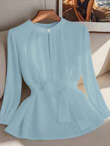 GlowEve CURVE 大码女式纯色褶皱长袖休闲衬衫 - 藍色 - 查看 1