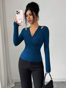 Modelyn Women's Solid Color Cutout Shoulder Long Sleeve Ruched Fitted Fashion T-Shirt Dark Blue Top Office Siren Blue Top Women Office - Black - View 5