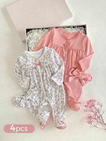 2pcs/Set Newborn Baby Girls Ditsy Floral Romper & Pants Set, Cute Rabbit Design, Contrast Color, Long Sleeve Footed Jumpsuit With Hat, Comfortable Infant Clothing For Spring/Summer Baby Girl Outfits Baby Girl Clothes With Bow Floral Baby Clothes Neeborn Baby Girl Clothes Newborn Girl Sets