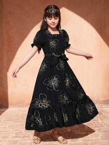 SHEIN ChillGRL 少女度假海滩乡村热带夏季树叶碎花方领泡泡袖腰带连衣裙