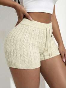 SHEIN SXY Women's Solid Color Casual Fitted Drawstring Twist Knit Shorts - Apricot - View 4