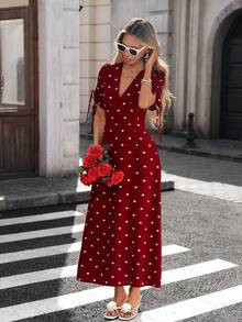 SHEIN PariChic V领胸前开衩袖抽绳褶皱心形印花纹理短袖连衣裙 - 紅色 - 查看 4