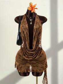 Zestiva Women's Sexy Backless Halter Tie Neck Asymmetrical Hem Leopard Print Mesh Flocked Beach Cover Up Mini Dress, Suitable For Summer Vacation - Khaki - View 4