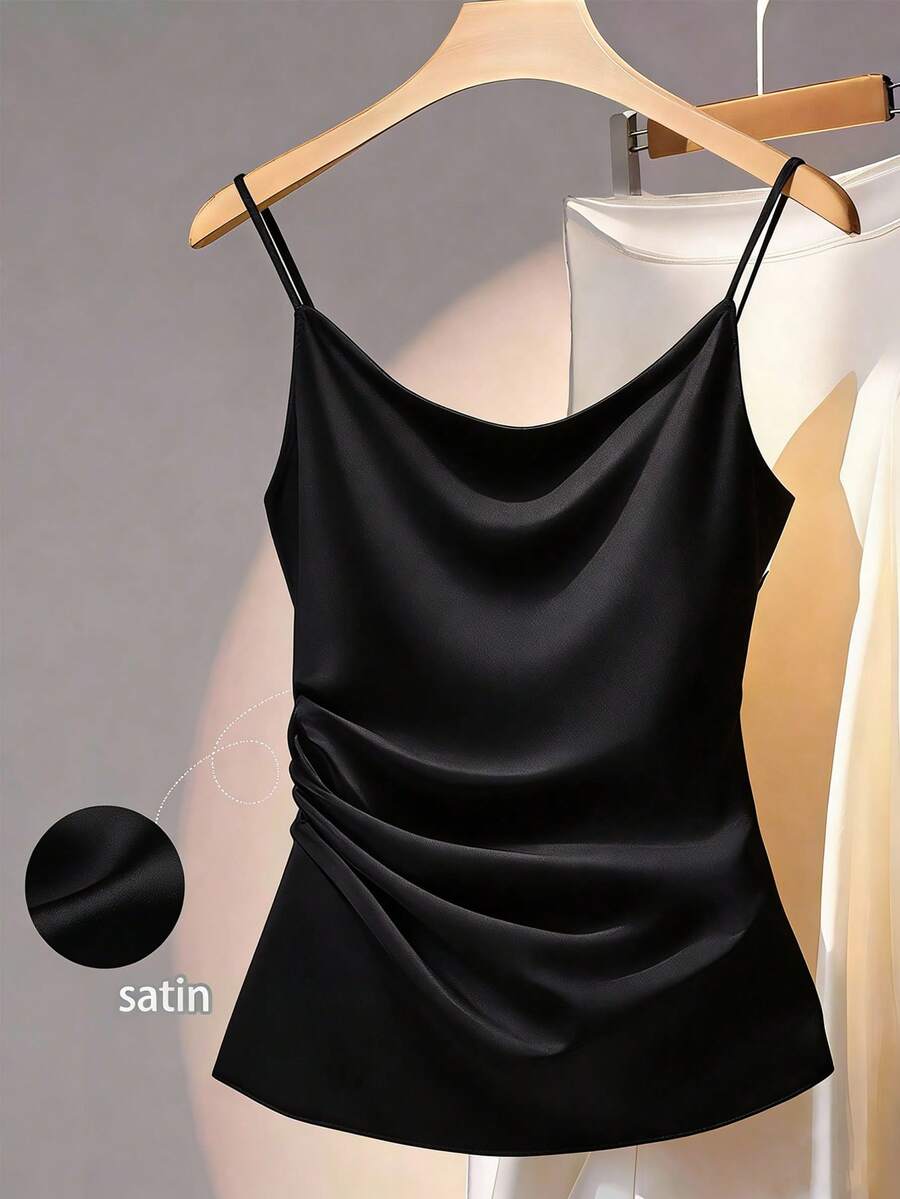 Franclia Women Black Plain Casual Regular Length Ruched Spaghetti Strap Cami Top Silk Top Satin Tops - Black - View 1