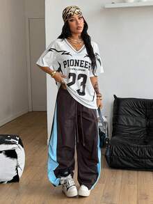 Coolane 女士春夏街头风 Y2K 豹纹数字图案足球球衣 V 领粉色 T 恤 - 白色 - 查看 2