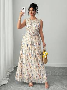 Elenzga Đầm maxi dáng chữ A không tay, cổ tròn, xếp ly, thắt eo, màu mơ, chất liệu lưới hoa thanh lịch dành cho nữ cỡ lớn, phù hợp cho các buổi họp mặt gia đình, trang phục dự tiệc cưới, tiệc tùng, đầm dự tiệc sang trọng. - Màu be - Xem 7