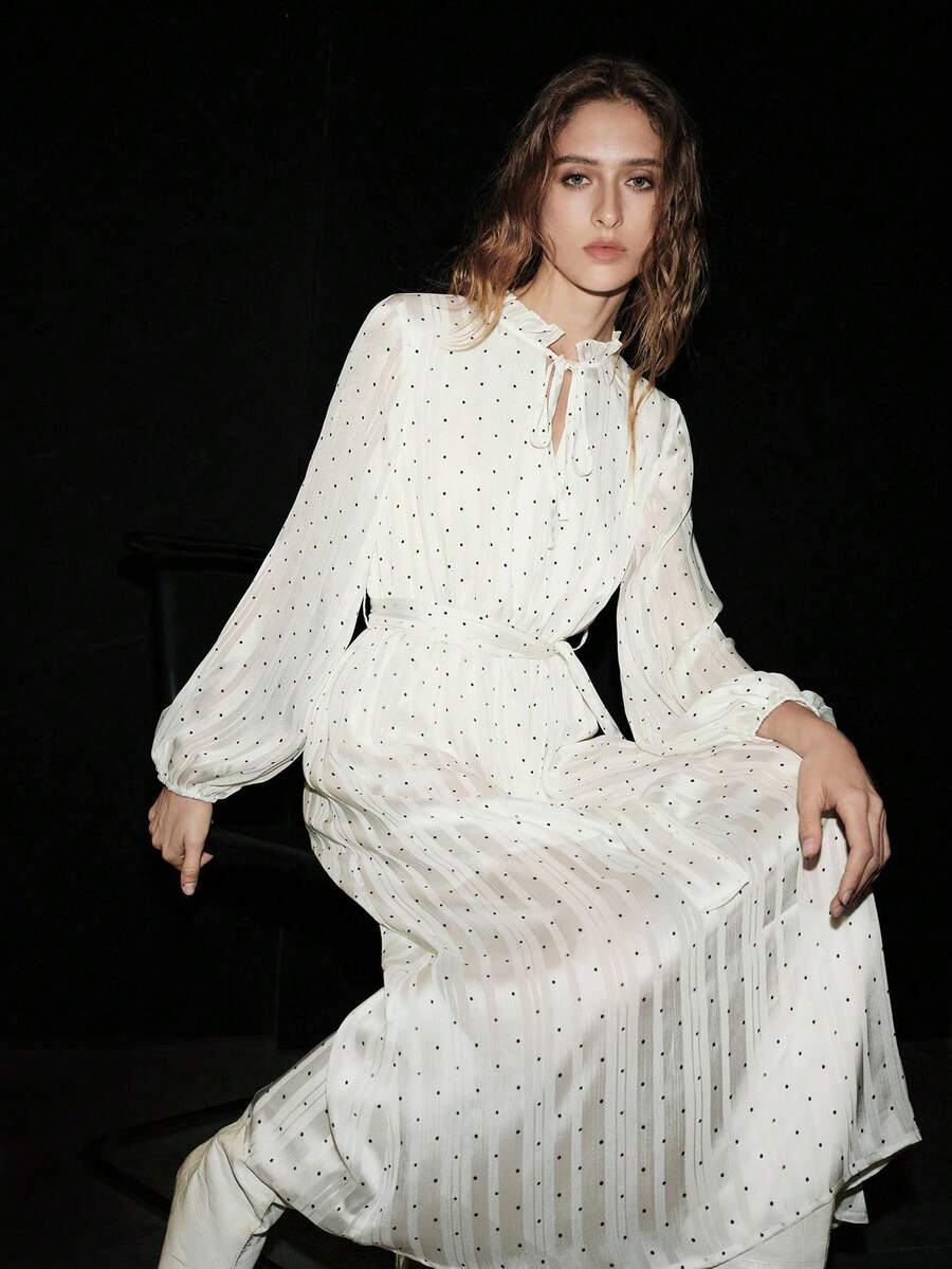 Lumivelle Women's Spring/Summer Fashion Long Sleeve Ruffle Collar Cinched Waist Waist Polka Dot Dress