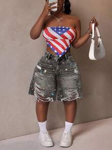 SHEIN CURVE+ Plus Size Casual Washed Distressed Rhinestone Decor Denim Shorts - Grey - View 6