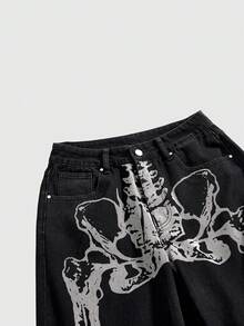 ROMWE Grunge Punk Y2K Retro Sexy Skull Print Low Waist Loose Wide Leg Jeans - Black - View 3