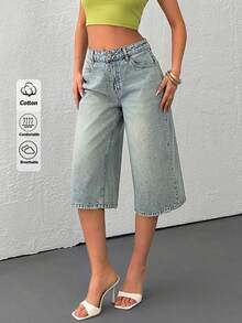 EURMUSE Quần short denim dáng rộng, thoải mái, đã qua xử lý giặt. - Rửa trung bình - Xem 1
