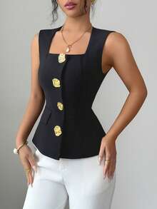 Elenzga Women's Summer New Elegant Commuter Fashion Versatile High-End Metal Buckle Decor Black Sleeveless Square Neck Waist Shirt - Black - View 3