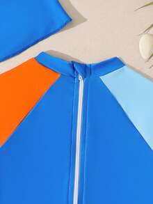 男婴泳装，休闲蓝色恐龙印花针织连体泳衣，配泳帽，时尚优雅，适合游泳、夏季度假、海滩、泳池、节日派对等场合。 - 藍色 - 查看 6