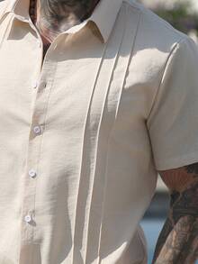 Manfinity RSRT 男士成熟休闲度假高端设计折扣休闲短袖衬衫和短裤套装 - 杏色 - 查看 6