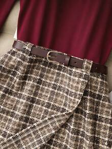 Franclia 棕色长袖针织上衣，搭配卡其色百褶裙和腰带，女士春秋季休闲两件套套装。 - 酒紅色 - 查看 3