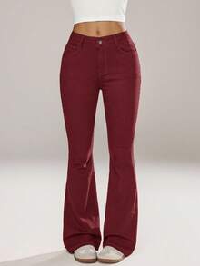 SHEIN ICON 女士休闲百搭喇叭牛仔裤，带口袋 - 酒紅色 - 查看 3